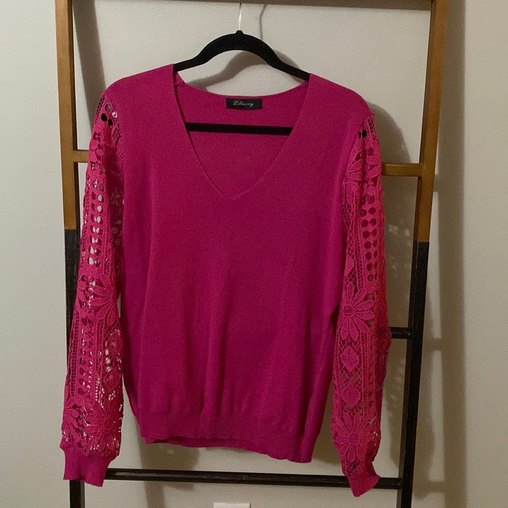 Pink lace sleeve sweater